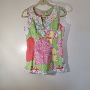Lilly Pulitzer Pink Green Hibiscus lace Sleeveless shirt size 6